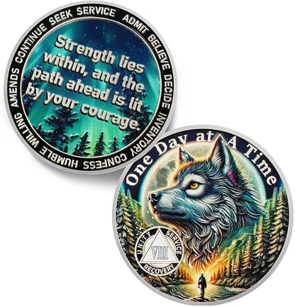 One Day at a Time 8 Year Sobriety Coin - Recovery Aurora Forest Wolf AA Coins - Addiction NA AA