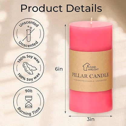 3x6 Inch Pink Pillar Candles Set of 3 - Decorative Unscented Pillar Candle, Long Burning Dripless