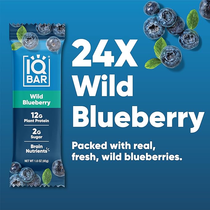 IQBAR Brain and Body Plant Protein Bars - Wild Blueberry - 24-Count Low Carb - Gluten Free, High