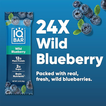 IQBAR Brain and Body Plant Protein Bars - Wild Blueberry - 24-Count Low Carb - Gluten Free, High