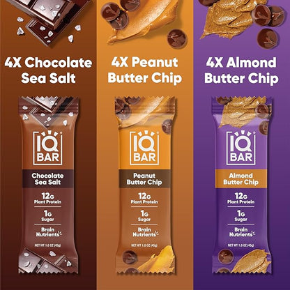 IQBAR Brain and Body Plant Protein Bars - Chocolate Lovers Variety - 12-Count Low Carb - Gluten