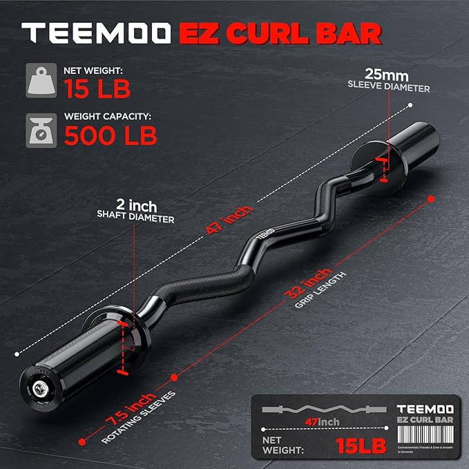 TEEMOO Olympic EZ Curl Barbell Bar, 47" Curl Bar with 2 Spring Collars,Curling bar for Weight