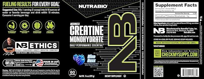 NutraBio Pure Micronized Creatine Monohydrate Powder Supplement, Blue Razz Burst(300 g) - Supports