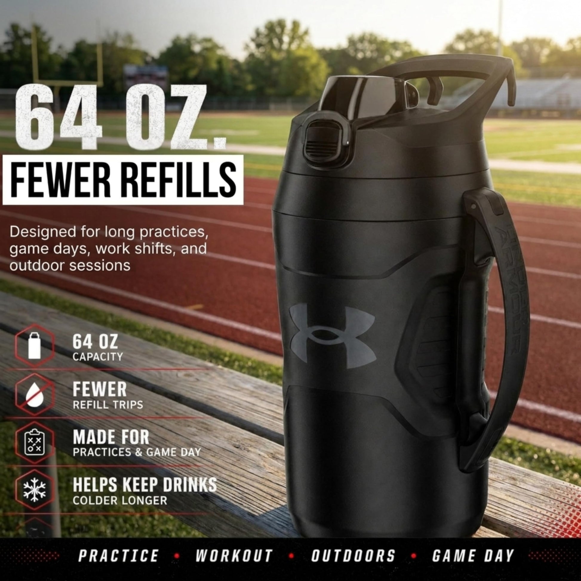 Under Armour Insulated Water Bottle with Handle & Fence Hook, Half Gallon Sports Water Jug