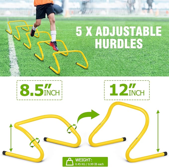 Speed and Agility Training Equipment: 5 Adjustable Agility Hurdles. 20ft Agility Ladder, Soccer
