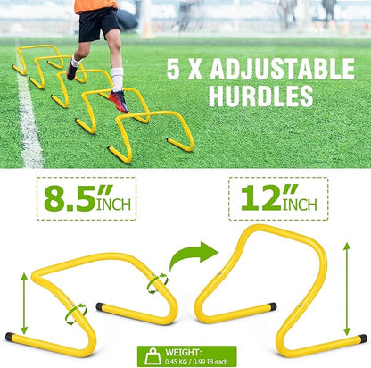 Speed and Agility Training Equipment: 5 Adjustable Agility Hurdles. 20ft Agility Ladder, Soccer