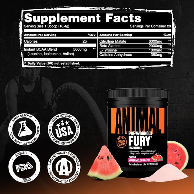 Animal Fury Pre Workout Powder - Watermelon, 350mg Caffeine, BCAA Amino Acids, 2g Beta Alanine