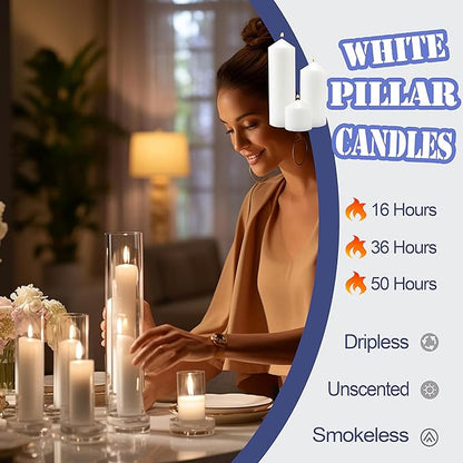 18 Pcs White Pillar Candles Bulk Set，Hurricane Candlesï¼? Different Lengths (6 Each)，Dripless