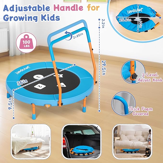 3FT Toddler Trampoline with Adjustable Handlebar, 36" Foldable & Spring-Free, Mini Kids Indoor