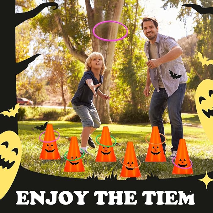 24 PcsHalloween Ring Toss Game Outdoor Carnival Party Games Include 6 Plastic Cones 18 Toss Rings