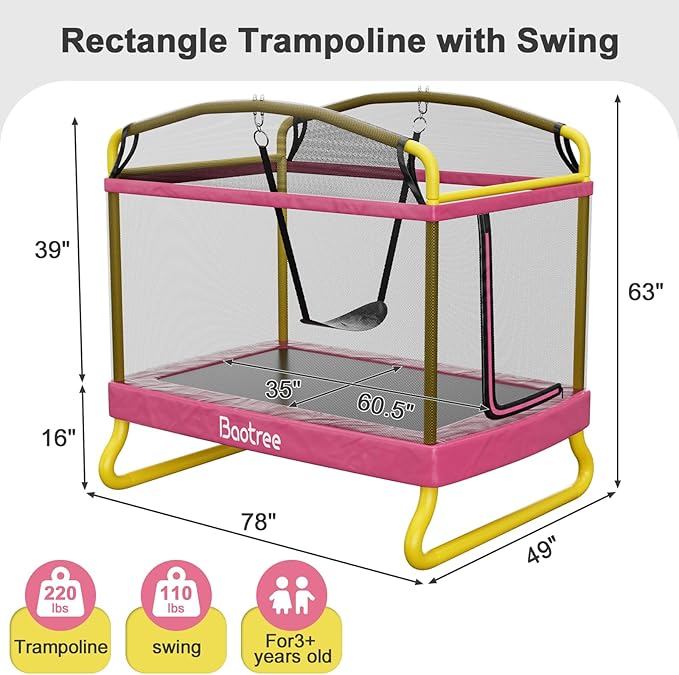 6.5FT Rectangle Trampoline for Kids, 78”ASTM Approved Recreational Trampolines with Swing, Small