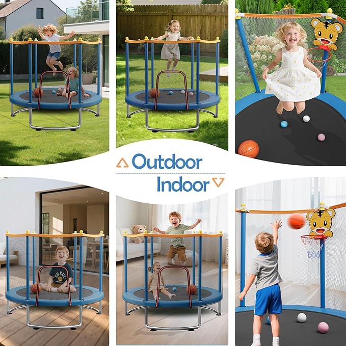 Kids Trampoline with Safety Net – 440lbs Capacity, Upgraded Rust-Proof Ring Legs, Adjustable