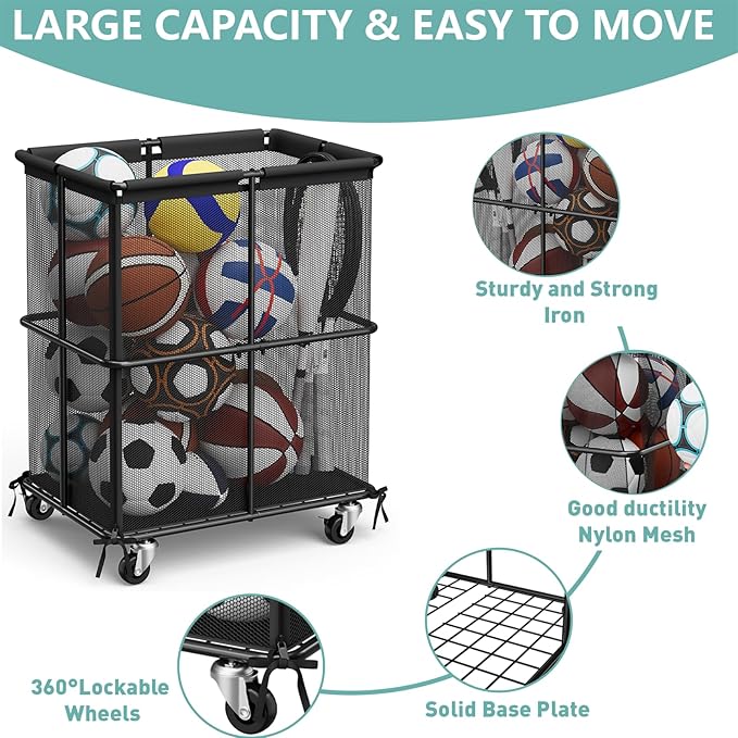 smusei Ball Storage Bin Rolling Sports Ball Storage Cart Garage Sports Equipment Organizer Rack