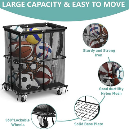 smusei Ball Storage Bin Rolling Sports Ball Storage Cart Garage Sports Equipment Organizer Rack