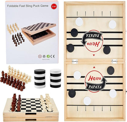 Foldable Fast Sling Puck Game with Chess Board and Checkers Board, Tic Tac Toe. Wooden Air Hockey