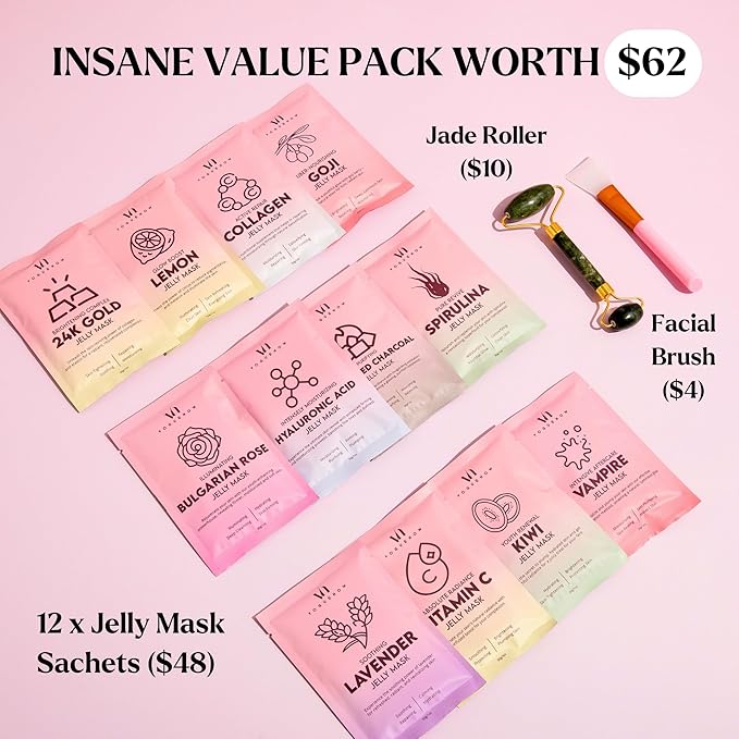 Jelly Mask for Facials - 12 Flavors Hydrating & Brightening Jelly Face Masks | Free Jade Roller &