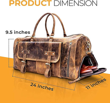 KomalC 24 Inch Leather Duffel Bags for Men and Women Full Grain Leather Travel Overnight Weekend
