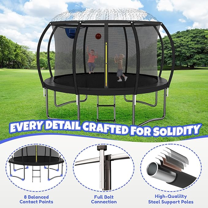 14FT & 16FT Trampoline for Kids & Adults, Big Round Trampoline with Basketball Hoop, Sprinkler &