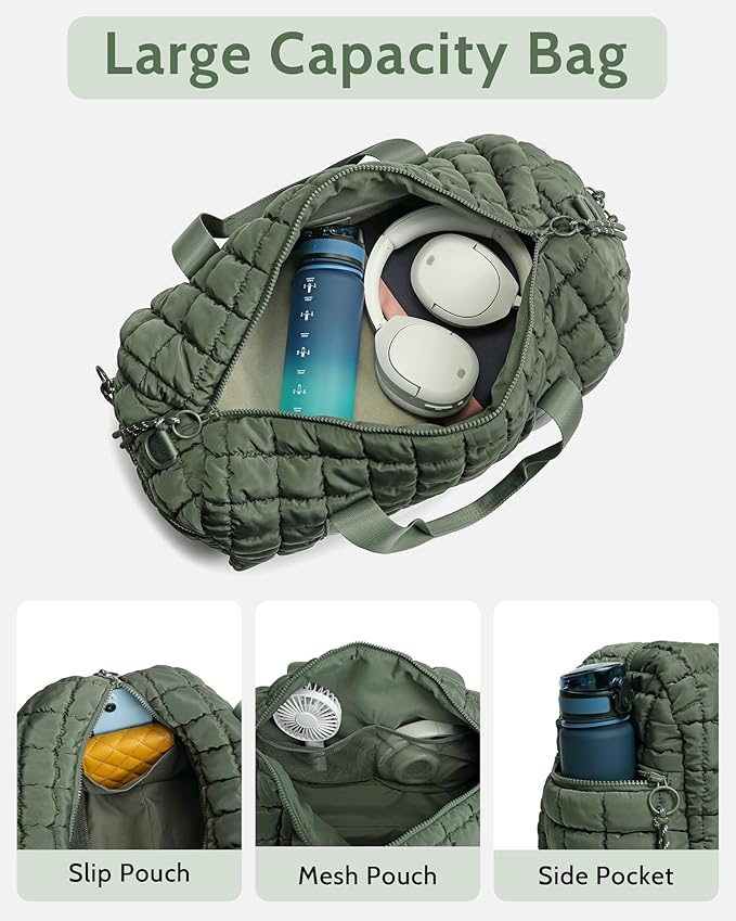 Quilted Duffel Bag for Women, Puffer Gym Duffle Bag with Shoe Compartment Lightweight Large