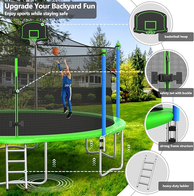 Upgraded 10/12/14/15/16FT Trampoline Outdoor, Large Kids Trampoline with Light, Stakes, Sprinkler