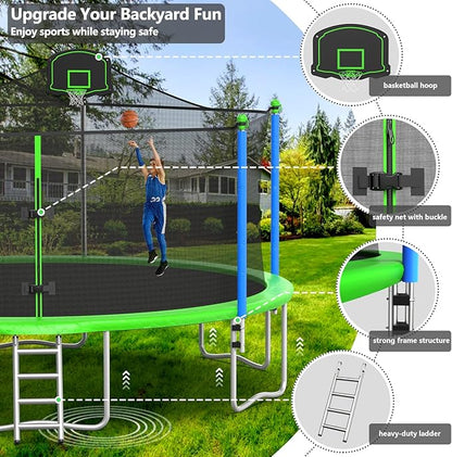 Upgraded 10/12/14/15/16FT Trampoline Outdoor, Large Kids Trampoline with Light, Stakes, Sprinkler