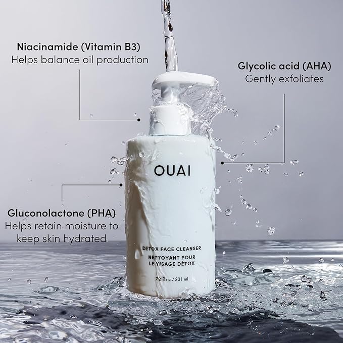 OUAI Detox Facial Cleanser - Deep Cleansing Face Wash with Glycolic Acid, Niacinamide & PHA
