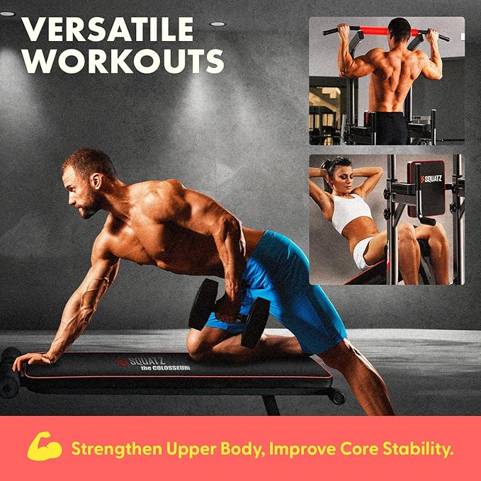 SQUATZ Pull-Up Workout Station with Bench - Multifunctional Gym Equipment Setup w/Pulling Bar