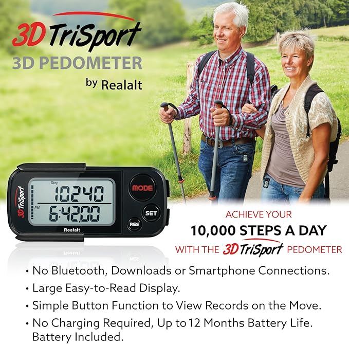 3DTriSport Walking 3D Pedometer with Clip & Strap, eBook Included | 30 Days Memory, Accurate Step