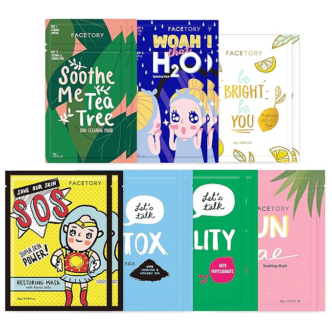 FACETORY K Beauty Face Mask Skin Care - BEST OF 7 COLLECTION Sheet Mask Set (14 pc) | Natural