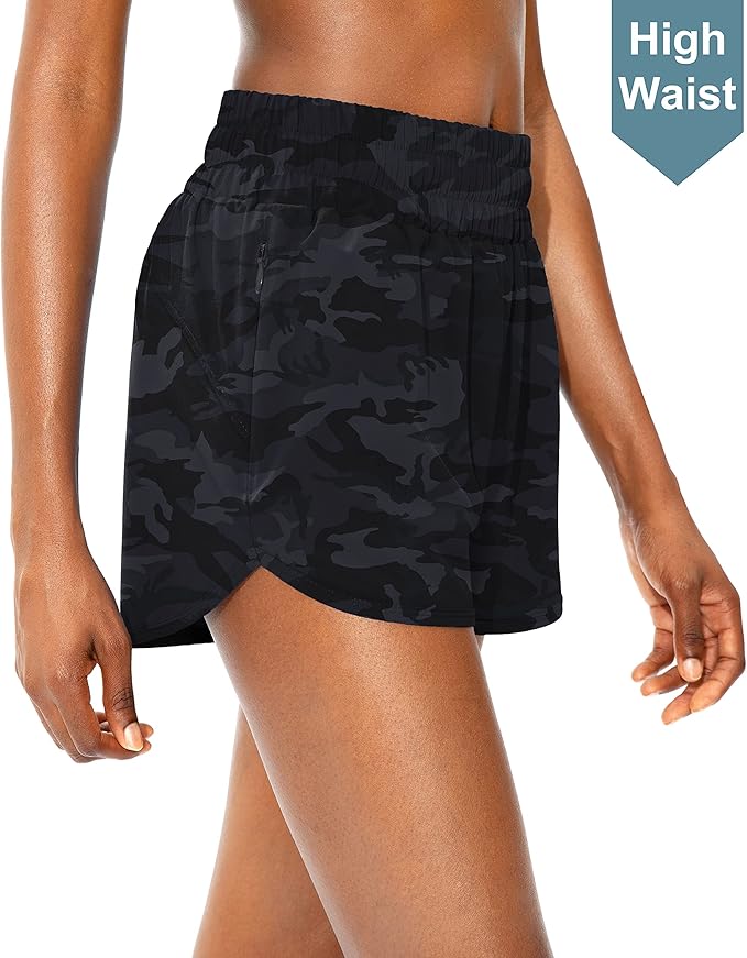 SANTINY Women's Running Shorts with Zip Pockets High Waisted Athletic Workout Gym Shorts for Women
