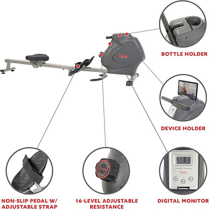 Sunny Health & Fitness Multi-Function Premium Magnetic Rowing Machine, Bicep Curls, Upward Rows