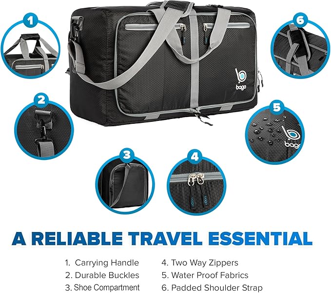 Bago Foldable Duffel Bags for Traveling Women & Men - 40L Sports Packable Duffle Bag for Travel