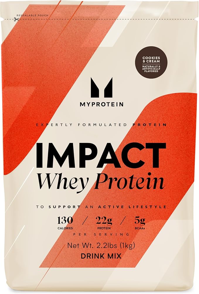 Myprotein Impact Whey Protein Powder, 2.2 Lbs (32 Servings) Cookies & Cream, 22g Protein & 5g BCAA