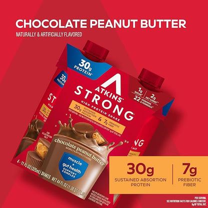 Atkins Strong High Protein Shake, Chocolate Peanut Butter Flavor, 30g Protein, Low Carb and Low