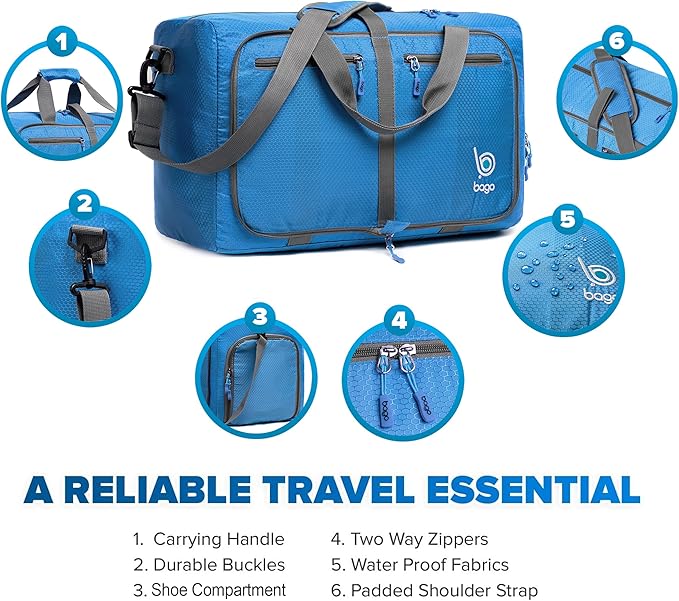Bago Foldable Duffel Bags for Traveling Women & Men - 40L Sports Packable Duffle Bag for Travel