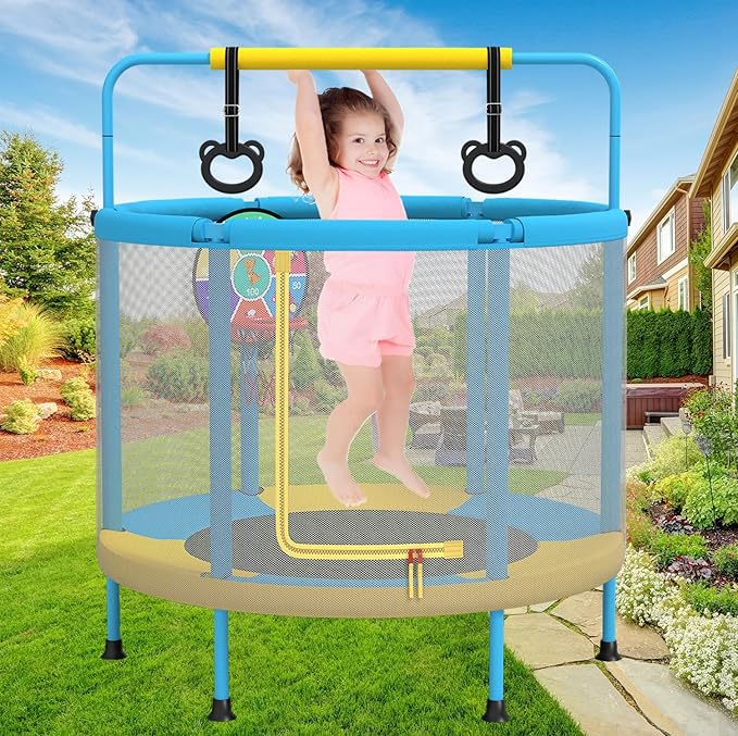 LANGXUN 60" Trampoline for Kids, 5ft Mini Toddler Indoor & Outdoor Trampoline with Net, Basketball