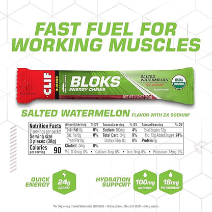 CLIF BLOKS - Salted Watermelon Flavor with 2X Sodium - Energy Chews - Non-GMO - Plant Based - Fast