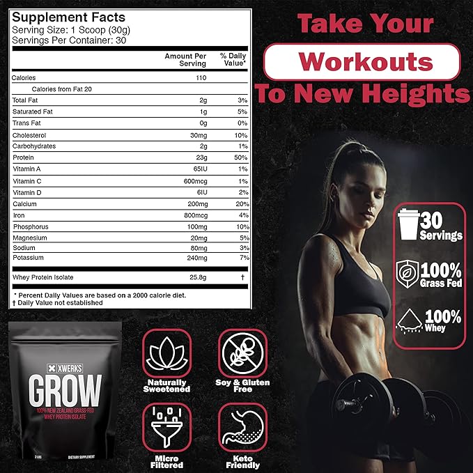 Xwerks Grow 100% New Zealand Grass Fed Whey Protein, 25g Pure Isolate Protein Powder Per Serving