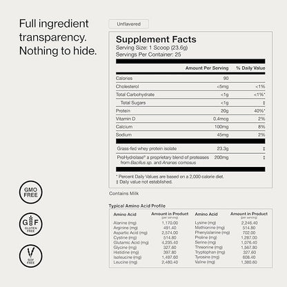 Momentous Essential Grass-Fed Whey Protein Powder - 20 g Whey Isolate Protein - NSF Certified for