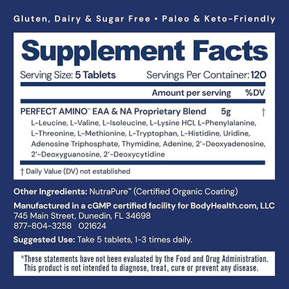 BodyHealth PerfectAmino (600 ct) Easy to Swallow Tablets, Essential Amino Acids Supplement with