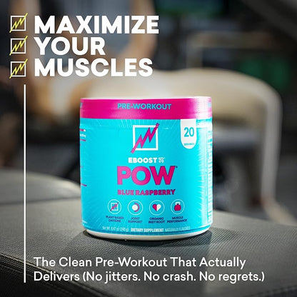 EBOOST POW Natural Pre Workout Powder ??20 Servings - Blue Raspberry - A PreWorkout Supplement for