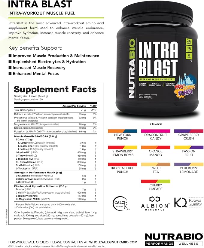 NutraBio Intra Blast Bcaa Powder Amino Acid Supplement, Electrolyte & Hydration Blend, Intra, Pre