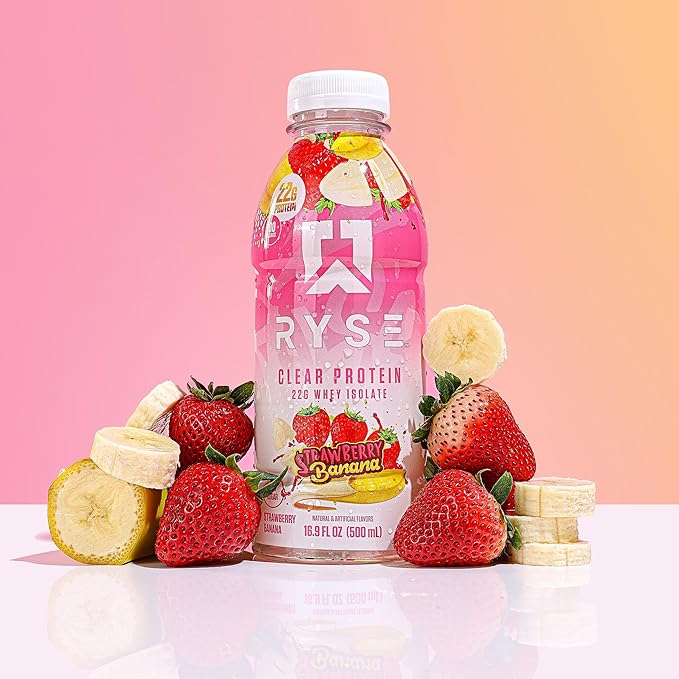 RYSE Clear Protein Shake - Strawberry Banana - 100 Calories, 22g Whey Isolate Protein, Sugar-Free