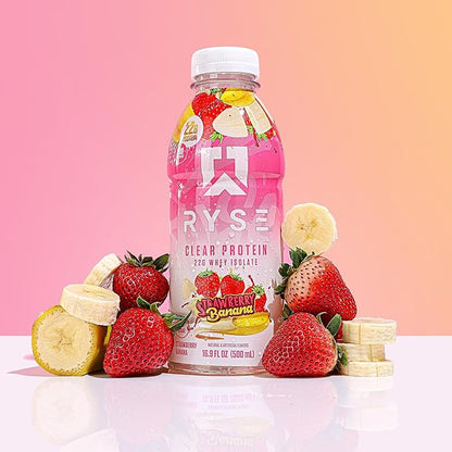 RYSE Clear Protein Shake - Strawberry Banana - 100 Calories, 22g Whey Isolate Protein, Sugar-Free