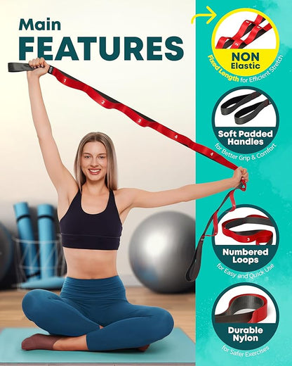 Stretching Strap with Loops - Non Elastic Stretch Band for Physical Therapy, Yoga Strap for