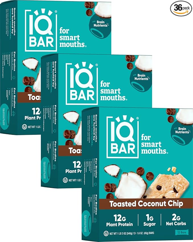 IQBAR Brain and Body Plant Protein Bars - Toasted Coconut Chip - 36-Count Low Carb - Gluten Free
