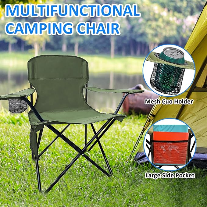 Folding Camping Chair, 225lb Capacity, Includes Cup Holder & Side Storage Bag, 5.5lbs Portable for