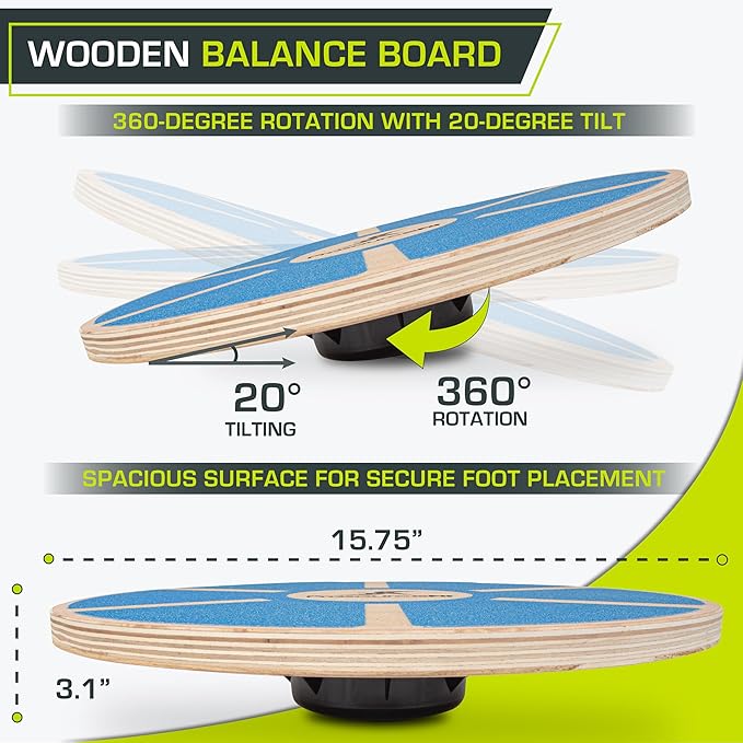 ProsourceFit Wooden Balance Board Non-Slip Wobble Core Trainer 15.75in (39.5cm) Diameter with 360