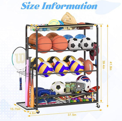 Garage Sports Equipment Storage Rack,Wheeled Sports Ball Storage Box,Double-Tier Double-Row