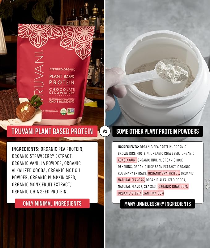 Truvani Vegan Pea Protein Powder | Chocolate Strawberry | 20g Organic Plant Based Protein | 10
